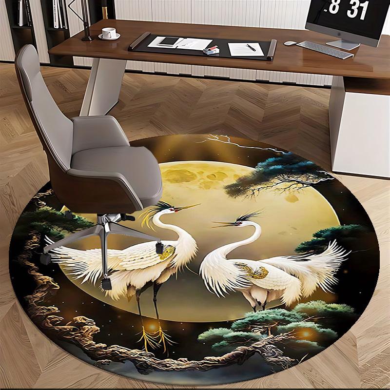 1pc Anime Crane Design Round Carpet Office Chair Mat, Non Slip Rug for Home Decor, All Seasons