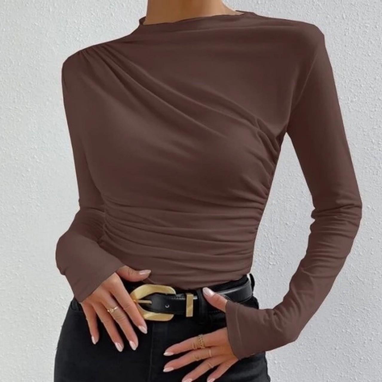

Women s Solid Color Slim-Fit Pleated Long Sleeve T-Shirt 2025 Small кавовий