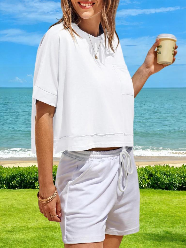 Womens Oversized Crop T Shirt Short Sleeve Workout Tee With Side Pockets