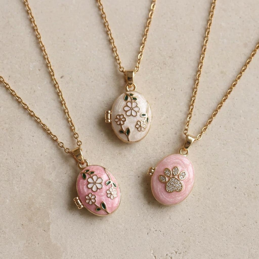 Vintage Enamel Flower Oval Openable Pendant Necklace Fashion Stainless Steel Photo Frame Charms Collar Jewelry Memorial Gift