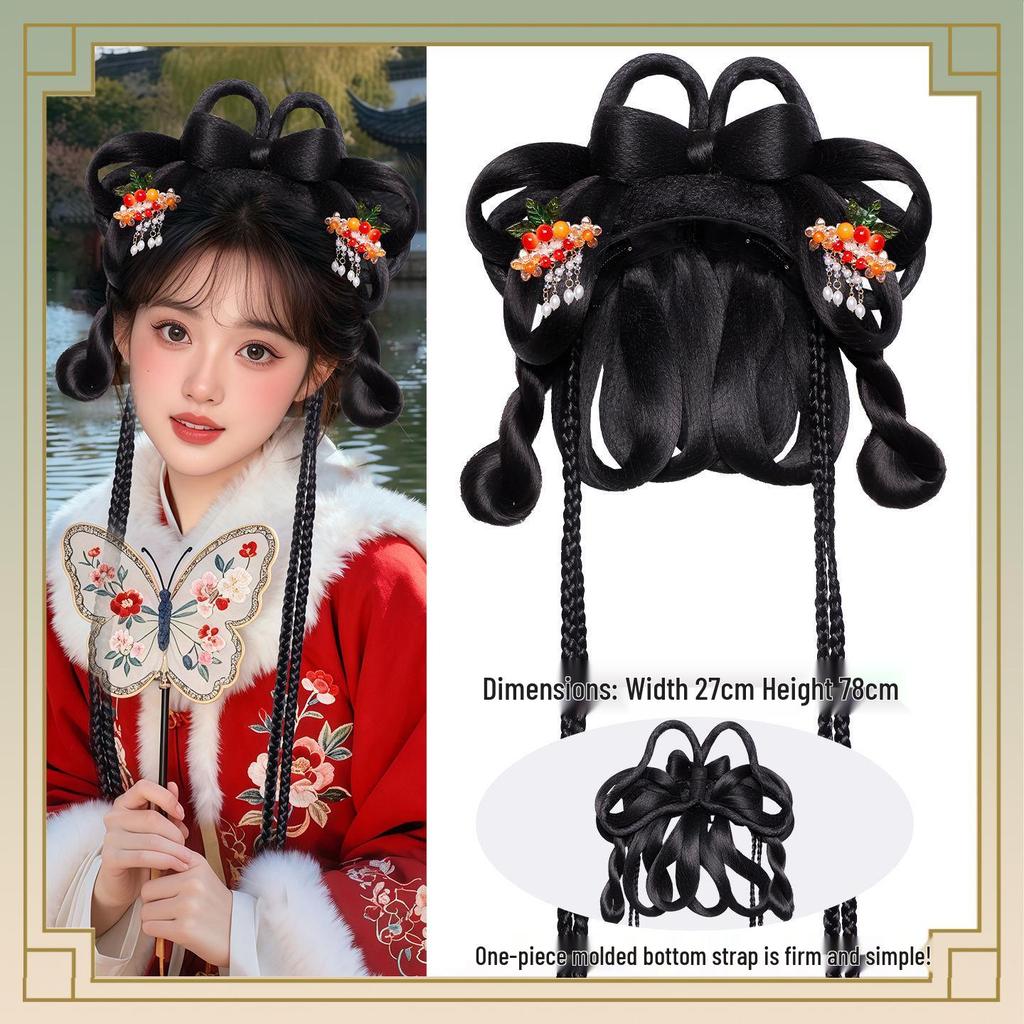 Herbst/Winter Hanfu Perücke und Pompon Stirnband Haaraccessoires Set