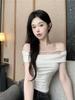 One-word Shoulder Sweet Spice Girl Bow Short-sleeved T-shirt Women's Summer Design Sense Slim and Thin Pure Shoulder Short Top