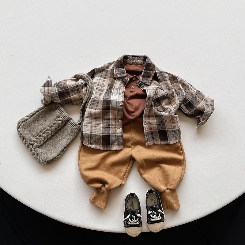 Kids Korean Style Retro Long Sleeve Plaid Shirt For Boys And Girls