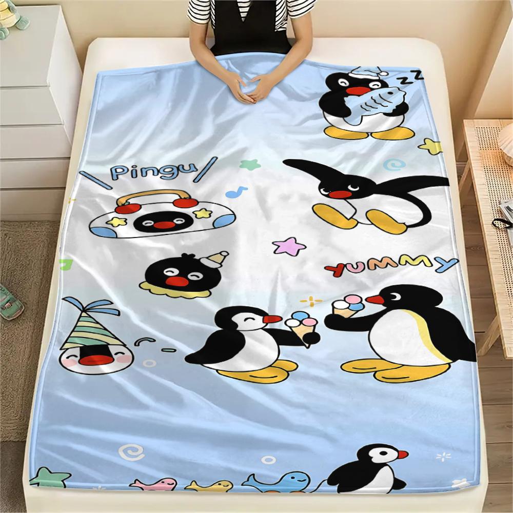 1PC PINGU Print Flannel Blanket, High Quality All Seasons, Home Decor, Warmth and Comfort, Perfect for Christmas Gifts