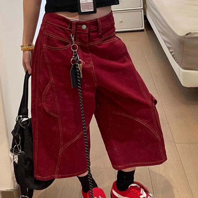 Red Multi Pocket Women's Cropped Pants American Retro Loose Female's Cargo Pants High Waisted Versatile Summer Clothing
