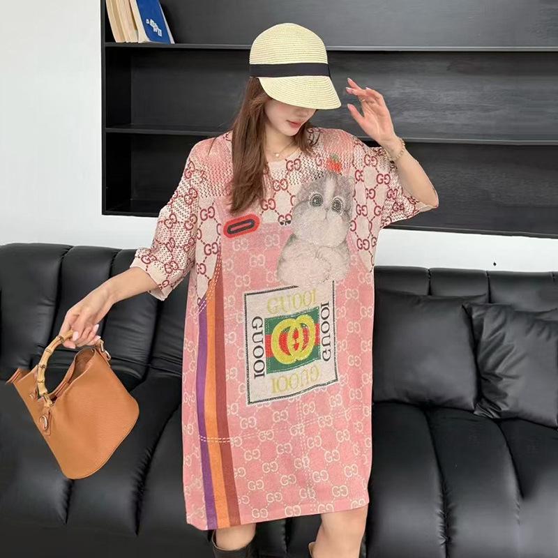 

Женское платье-футболка миди большого размера с коротким рукавом и тяжелой промышленной отделкой - Коллекция Лето 2025 One Size (85-170 Jin)