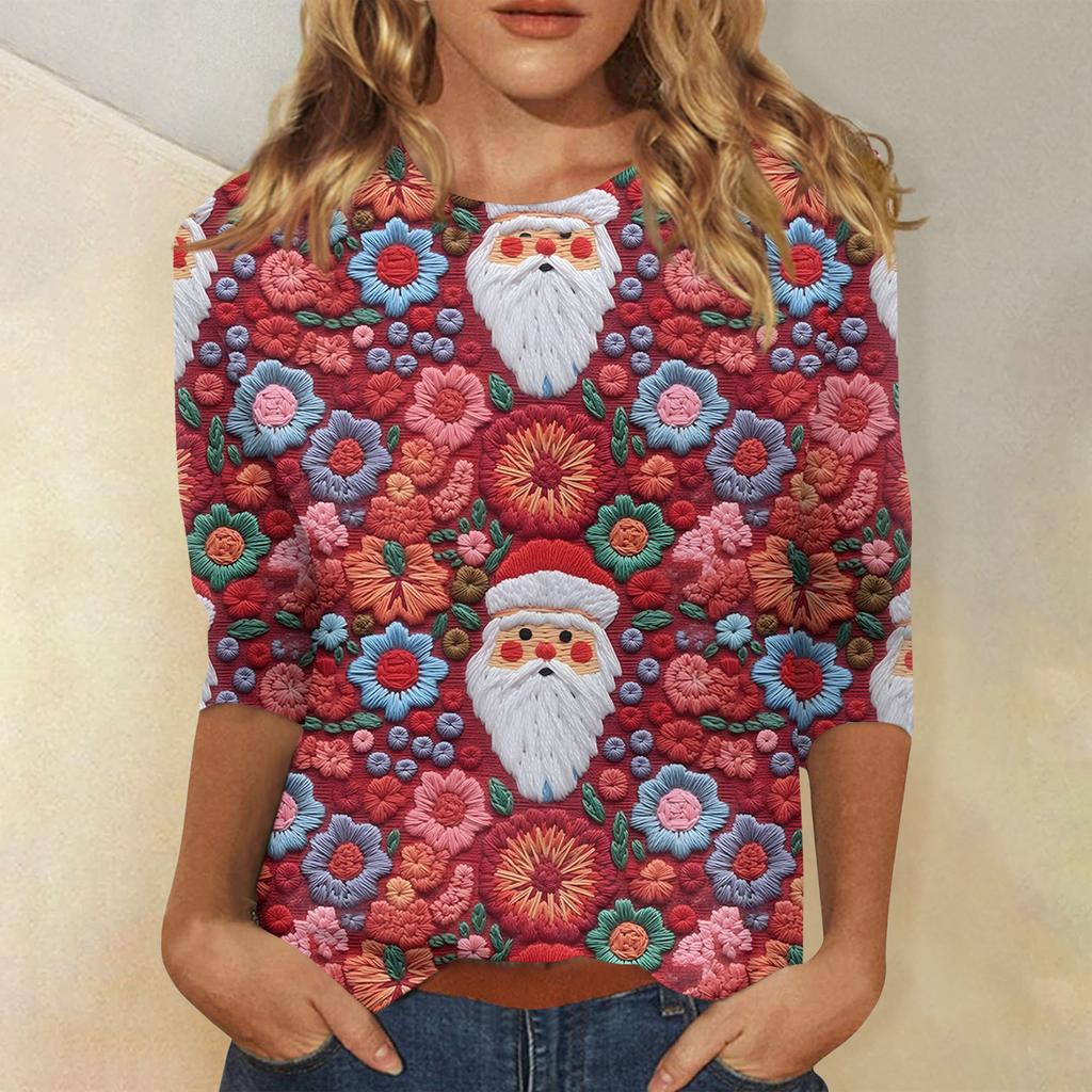 Women's Fashionable Casual Three-Quarter Sleeve Christmas Print Round Neck Top