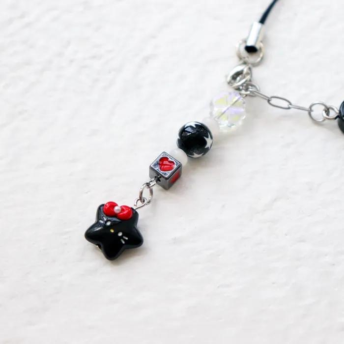 Acrylic Smile & Ribbon Cat Phone Charm Strap Beaded Mobile Phone Keyring