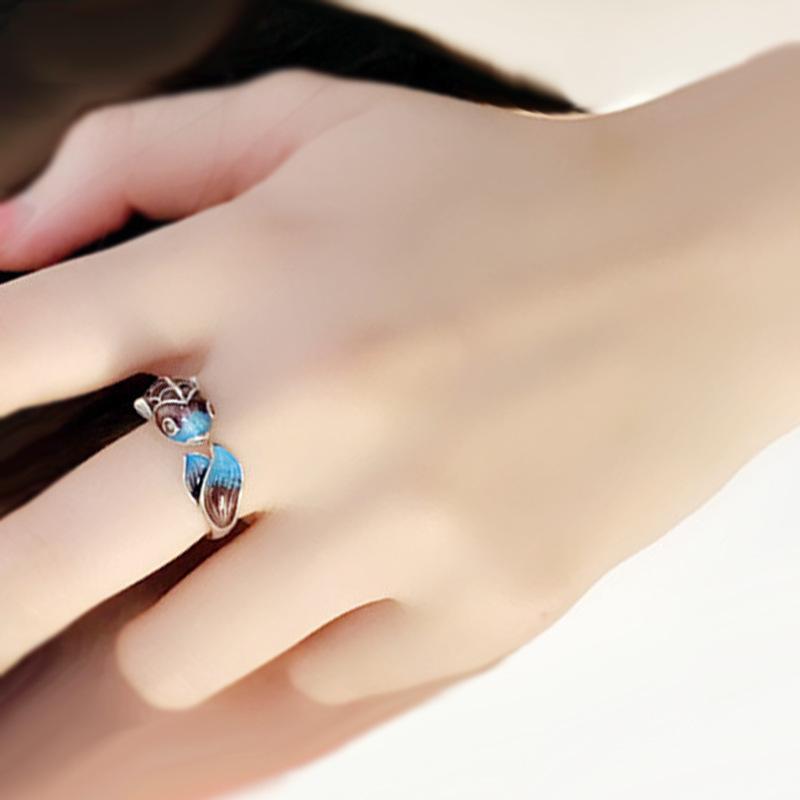 Koi Ring: White Gold Electroplated, Adjustable Classical Chinese Style, Blue Fish Leaping over Dragon Gate for Good Luck.