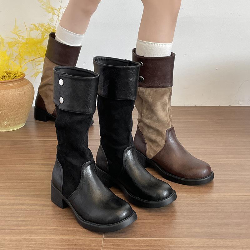 Stylish niche splicing pleated stacking boots women's thick-soled thick-heeled boots knight boots thin tall locomotive boots
