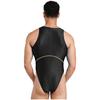 Ärmelloser glänzender Einteiler für Herren, hoch geschnitten, Farbblock-Bodysuit für Strand und Sonnenbaden S-XXL