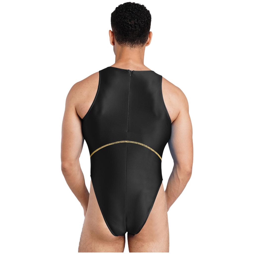 Ärmelloser glänzender Einteiler für Herren, hoch geschnitten, Farbblock-Bodysuit für Strand und Sonnenbaden S-XXL