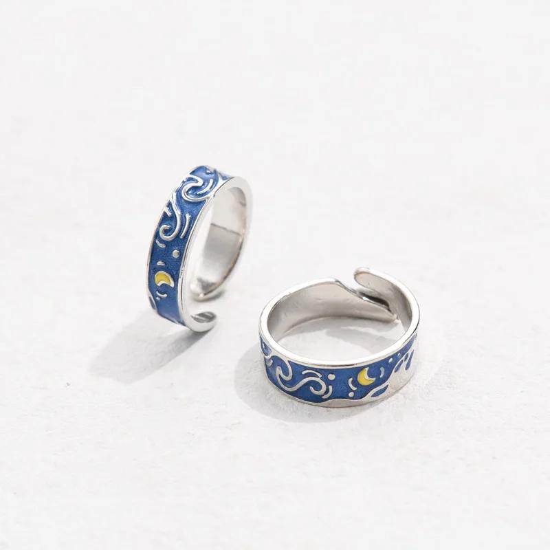 Couple Van Gogh Night Open Rings for Women Men Simple Design Silver Color Lovers Blue Starry Sky Ring Party Jewelry Gifts
