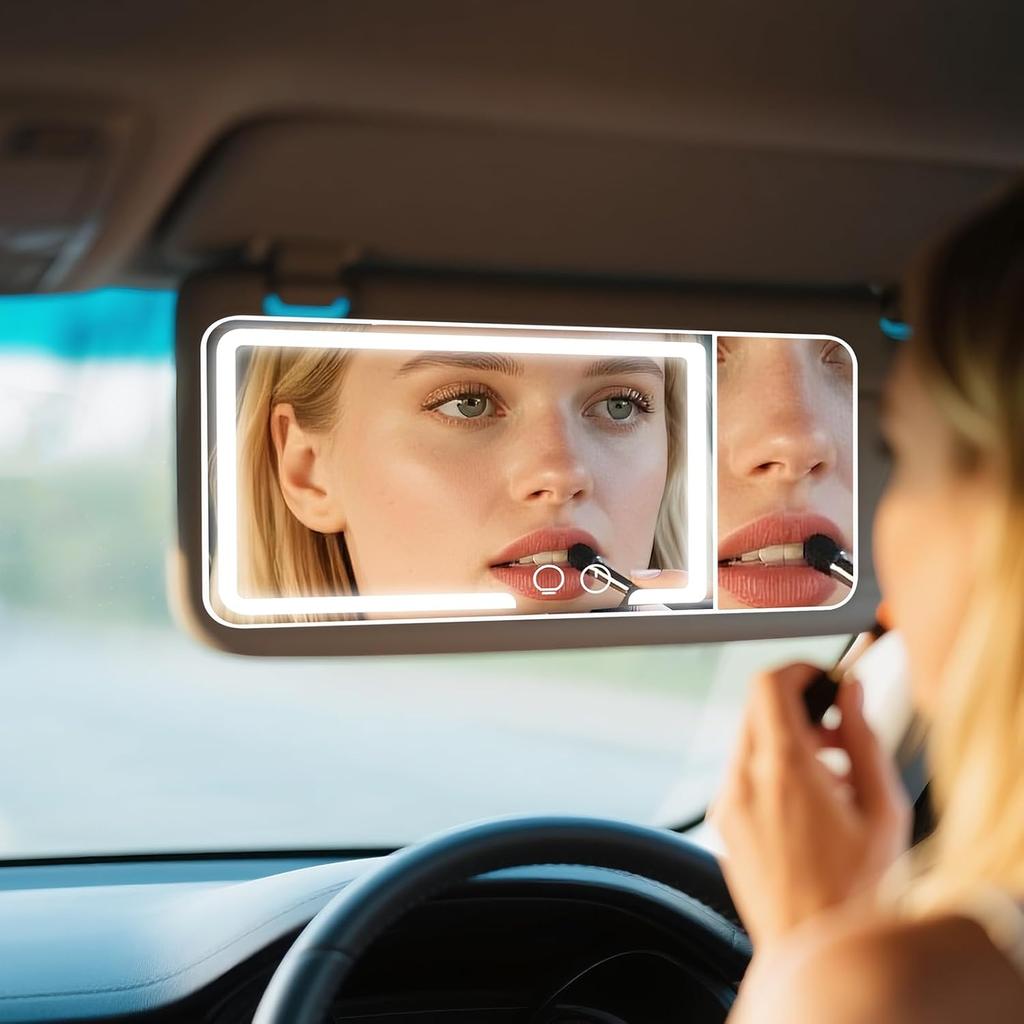Car Sun Visor Makeup Mirror, Equipped With 3X Magnifying Glass And Three-Color Adjustable Brightness Soft Light Mirror, Rechargeable, Suitable For