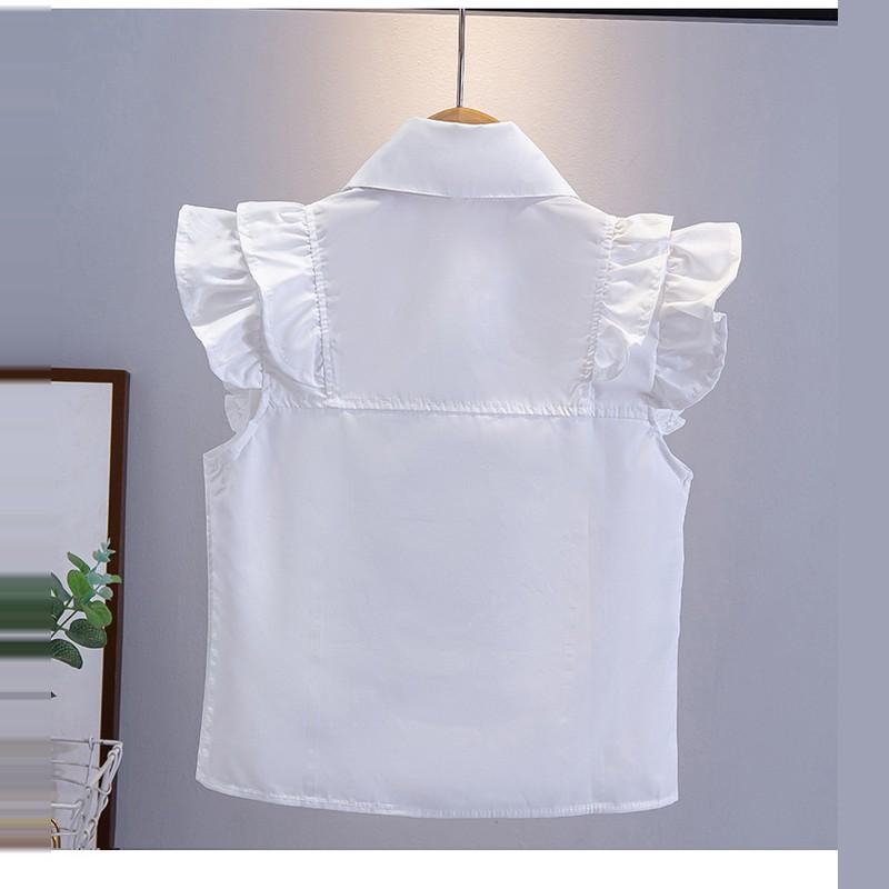 Girls White Shirt Cotton Sleeveless Lace Collar Ruffle Blouse Children School Uniform Top Student Class Wear Spring Autumn Korean Style Fashion Design