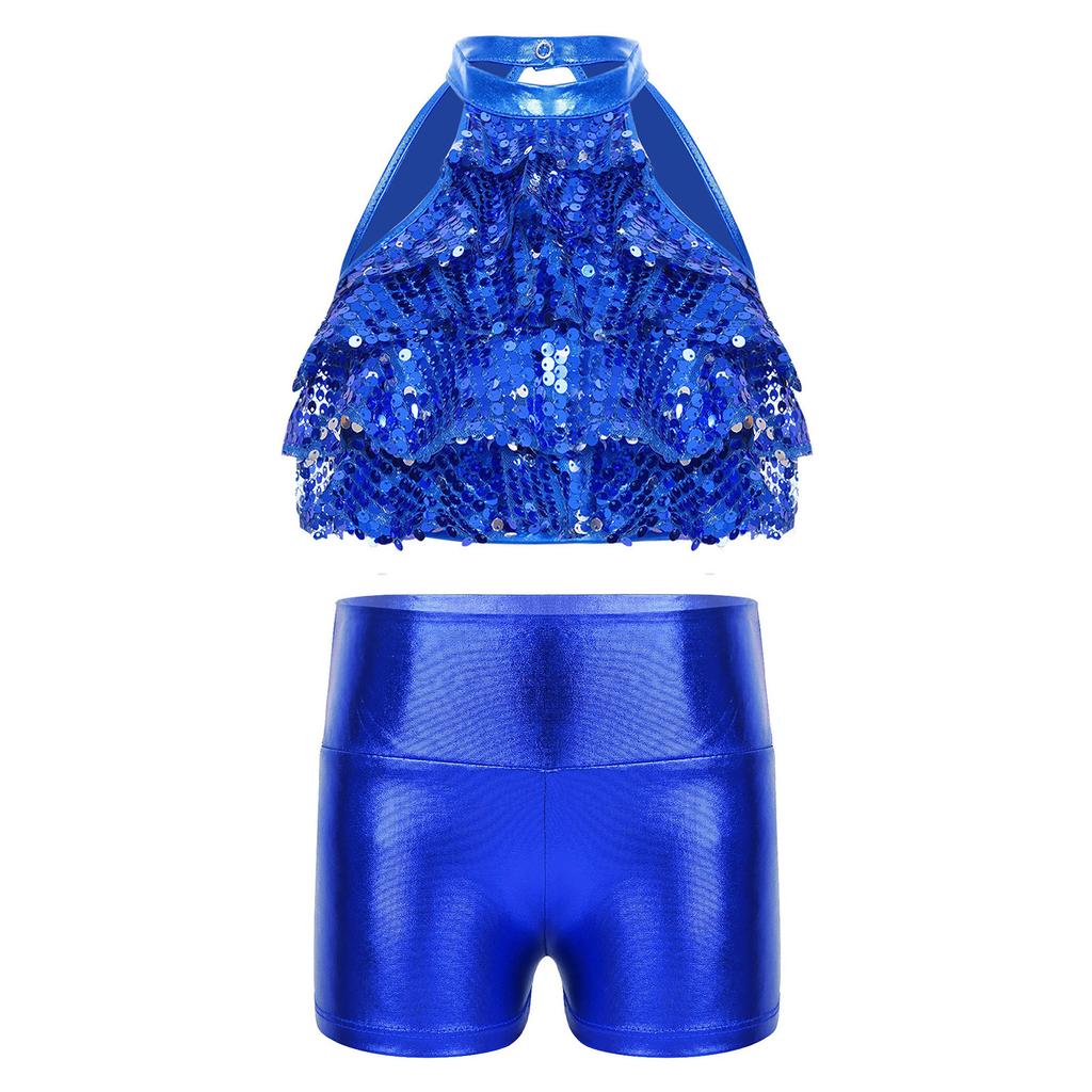 Top Corto da Bambina con Collo Alto Senza Maniche e Paillettes Pantaloncini Stratificati Lucidi Metallici Outfit per Danza sul Palco