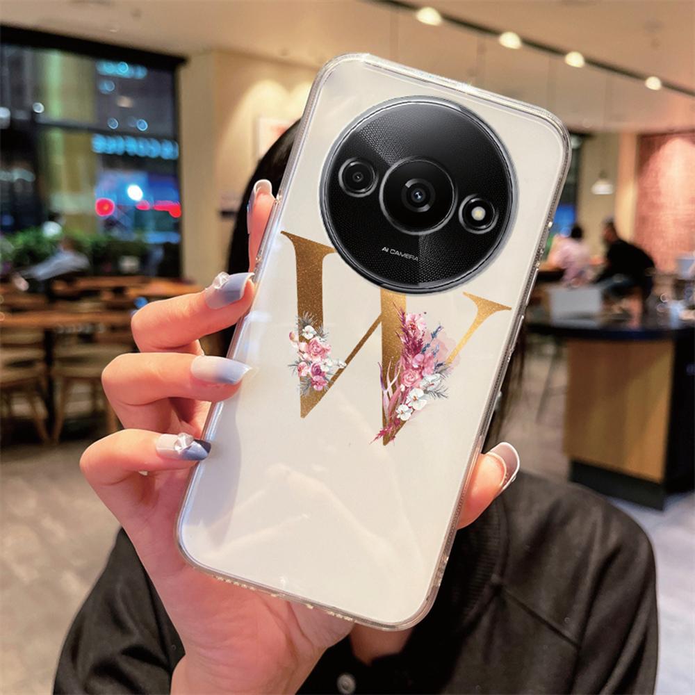 Phone Case For Xiaomi Redmi A3 Redmia3 Transparent Silicone Camera Protection Colorful Flowers Golden Letters A-Z Clear Cover