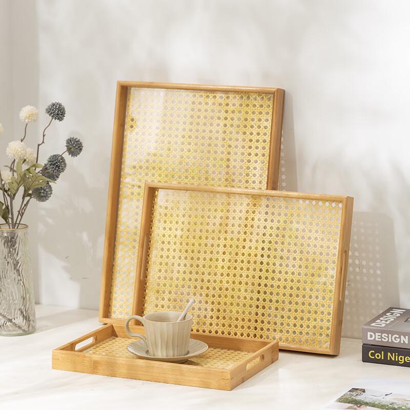 Acrylic and Wood Serving Tray with Rattan Base