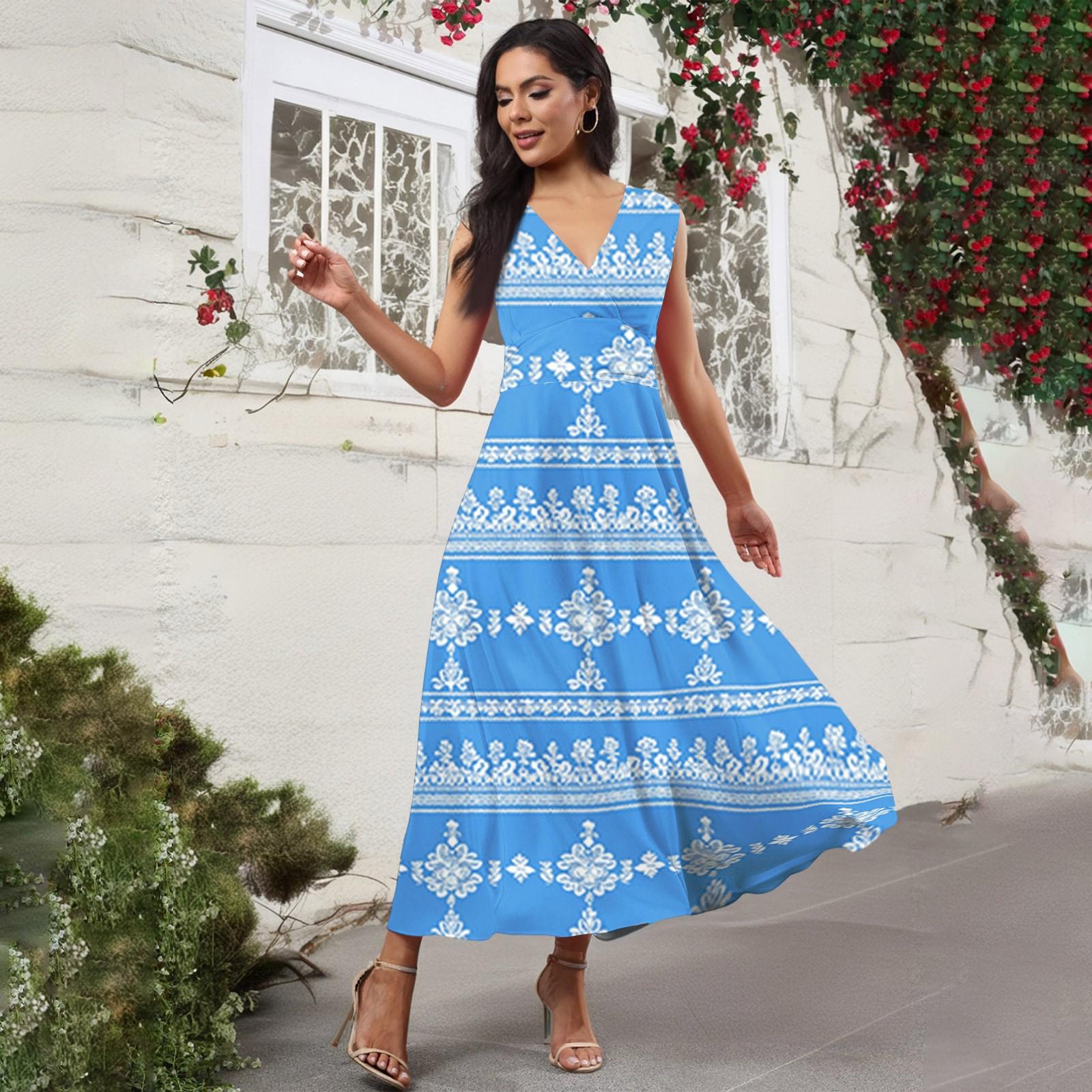 

Женское повседневное и модное платье без рукавов с цветочным принтом и V-образным вырезом Платье без рукавов XL небесно-голубой