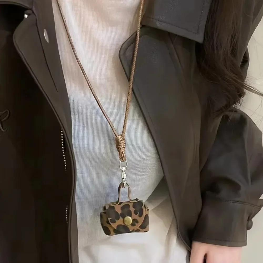 PU Suede Bag Necklace with Long Strap Leopard Print Long Necklace Coin Purse Pendant Wearing Key Bag Necklace Hanging Accessory
