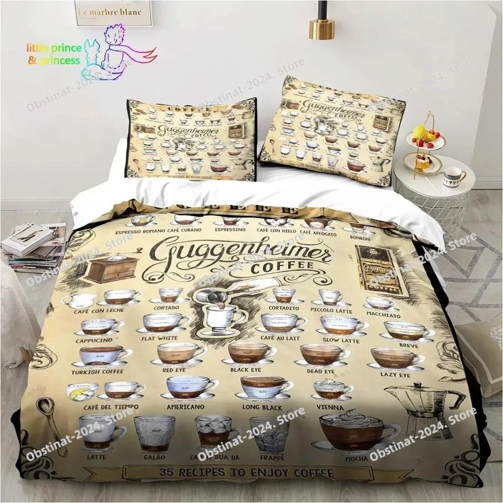 Coffee Pattern Bedding Set Printed Duvet Cover Sheet Pillowcase Bed Soft Quilt Cover Full Queen King Size Adult Kid Bedroom Gift