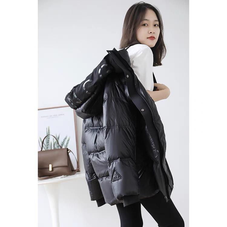 Down jacket men's and women's new couple white duck down medium and long black brick trendy brand bright-faced hooded thickened jacket