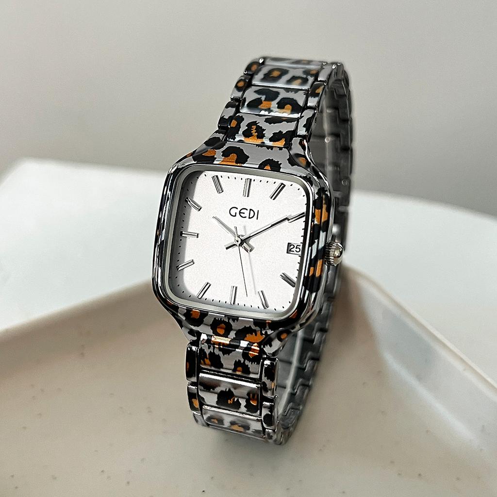Leopard Print Steel Belt Small Sugar Cube Watch Women'S Large Dial Light Luxury Niche Trendy Brand Fashion Watch