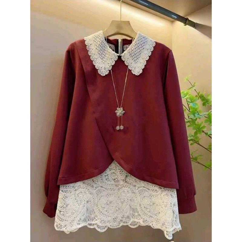 New Korean Style Lapel Splicing Temperament Lace Top Loose Slimming Long-sleeved Top