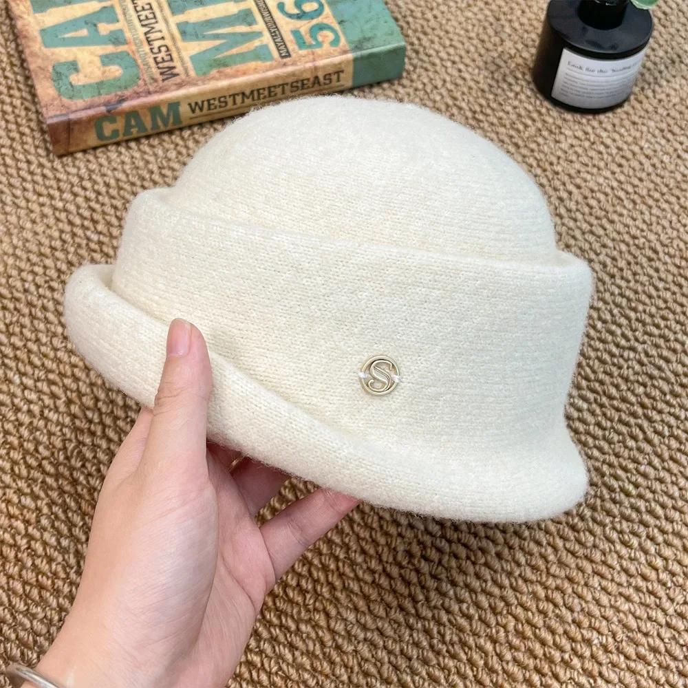 Elegant Bow Hepburn Style Topper Hat Camellia Flower French Style Women Formal hat Pearl Flat-top Wool Fisherman Hat Autumn