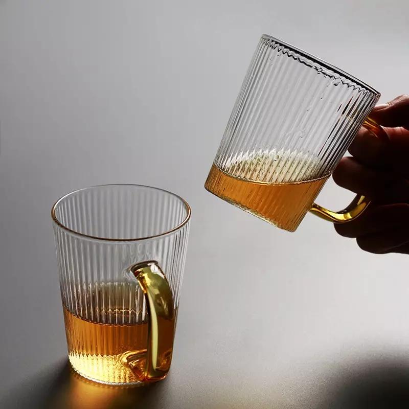 Ribbed Juice Water Drinking Glass Cup With Handle Vertical Striped Borosilicate Heat Resistant Coffee Cup Whiskey Tumbler Glass