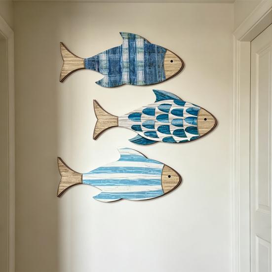 3 Stuks Houten Vis Nautisch Wanddecor Rustiek Oceaan Kust Thema Wanddecor Vintage Hangende Strandornamenten voor Zomer Meerhuis Badkamer Slaapkamer