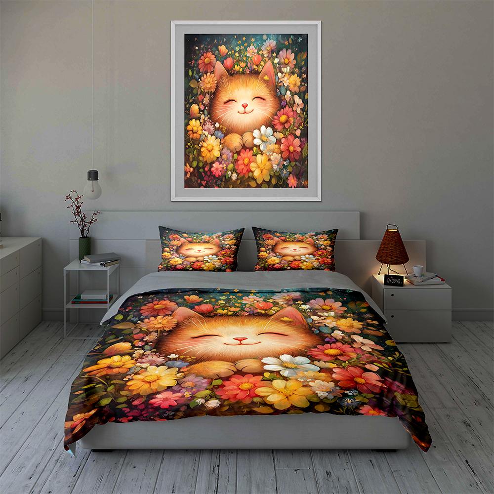 Smiling cat flowers Bedding Duvet cover sets Duvet covers Pillowcases gifts (1 * Duvet Cover 2 * Pillowcases, without duvet insert)