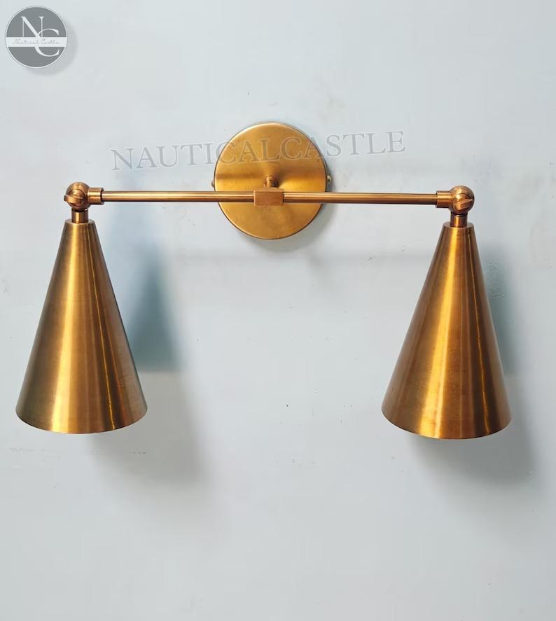 Handcrafted 1950s Mid Century Modern 2 Cone Raw Brass Finish Italian Wall Lamps Fixtures