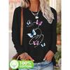 Damen Schmetterling T-Shirt Print Weich Blau Lila Schmetterling Rundhals Langarm Lässig Winter Herbst T-Shirt