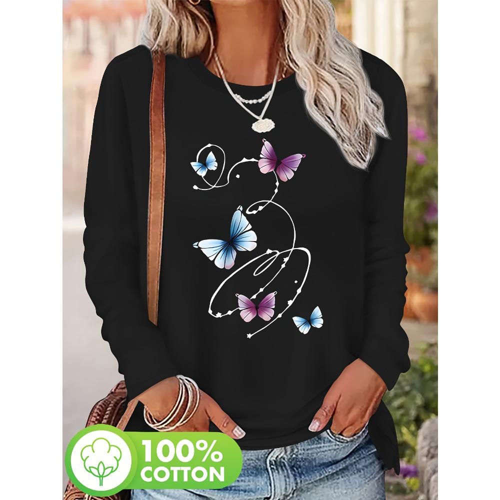 Women's Butterfly T-shirt Print Soft Blue Purple Butterfly Round Neck Long Sleeve Casual Winter Fall T Shirt