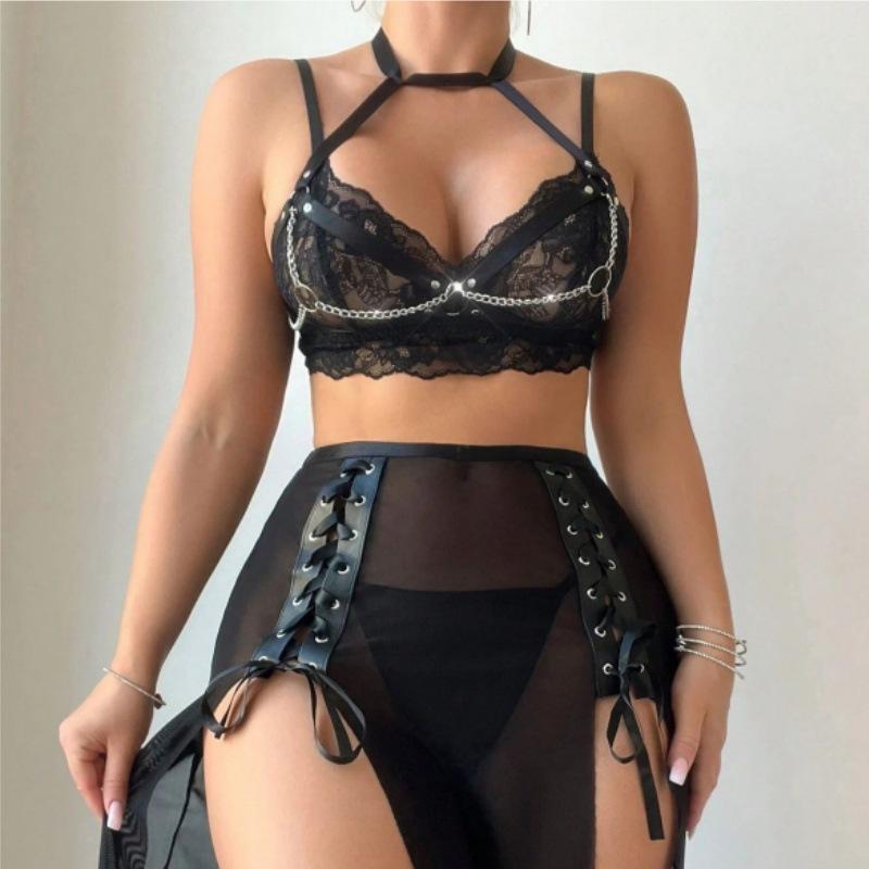 Sexy Neck Lace Lace Temptation Split Mesh Skirt Sex Underwear Four-piece Set