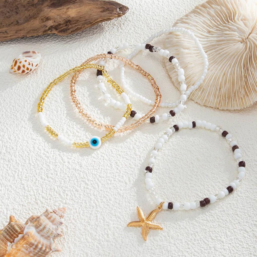 SHIXIN 2026 New 7 Pcs/Set Stackable Starfish Pendant Bracelet for Women Vintage Elegant Rice Beads Bangle Summer Beach Jewelry