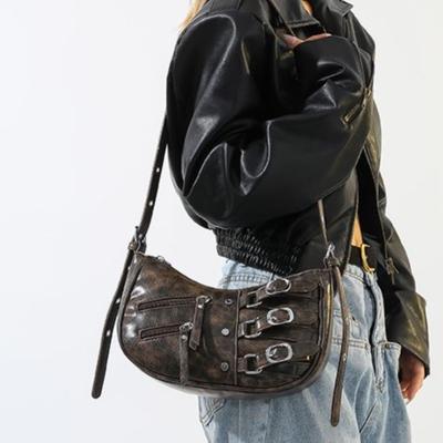 High Street Brown Handbag Purse Women Retro Hot Girls Half Moon Bag Ladies Vintage Moto Biker Shoulder Bags