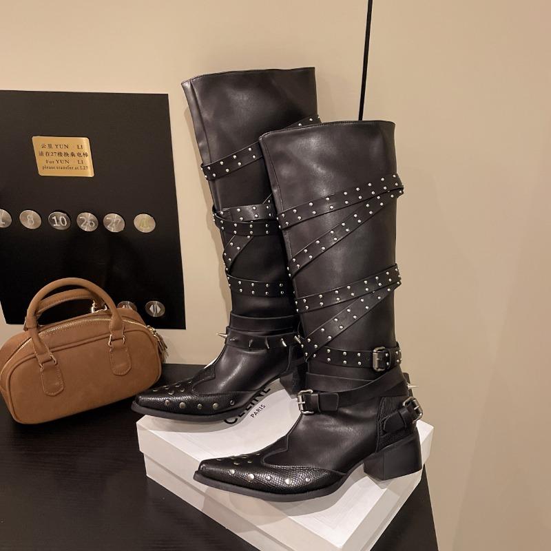 Women's Knee-high Boots Punk Style Long Boots Pointed Toe Leather Boots for Women Western Cowboy Boot Rivet Knight Botas