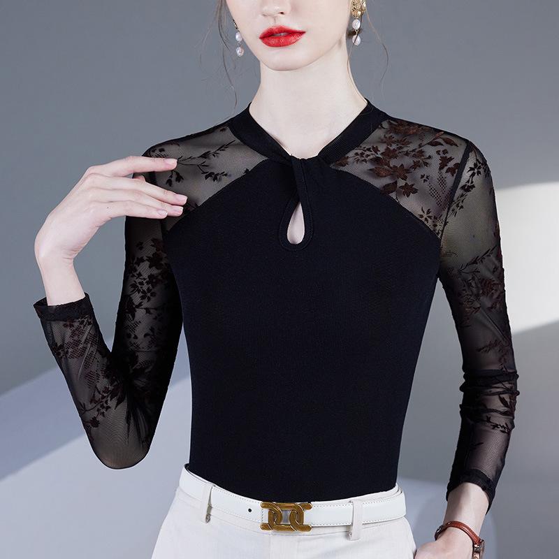 

Осенний Шик Черный Вырез Сетчатая Лоскутная Обтягивающая Женская Блузка с Длинным Рукавом XL чёрный