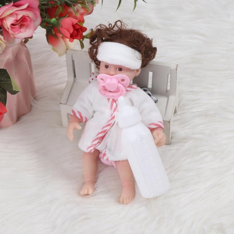 6'' Reborns Doll Mini Newborn Girl Doll Full Body Soft Silicone Life Like Doll with Brown Hair Realistic Doll Baby Toy