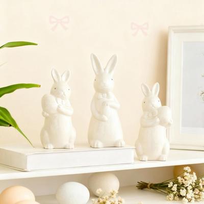 Easter Holding Egg Rabbit Figurine Ceramics Bow Tie Bunny Statue Sculpture Spring Easter Holiday Party Decoration Ornament