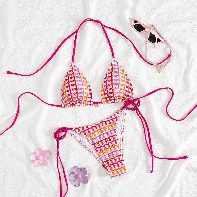 Bohemian Resort Style Strappy Bikini Split Swimsuit Women's Vintage Halter Neck Split