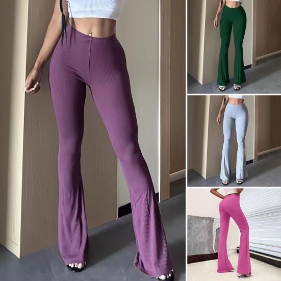 Women Flared Pants Elastic High Waist Solid Color Long Pants Ribbed Texture Yoga Running Cycling Trousers