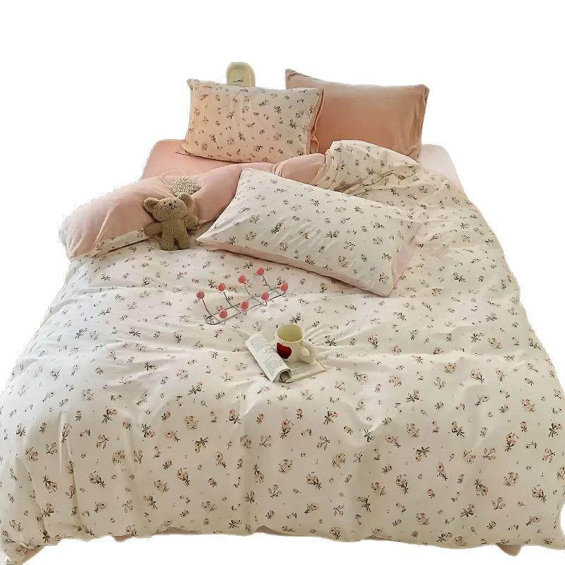 Aesthetic Powder Pink Spring/Summer Washable Cotton Bedding Set - Dorm-Friendly Duvet Cover and Sheets