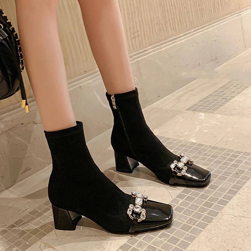 Crystal Luxury High Heels Snow Ankle Boots Women's Shoes Suede Square Toe Trend Autumn Pumps Designer Dress Mujer Zapatillas