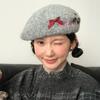 Niche Design Bow Button Beret Mixed Color Thick Knitted Face Showing Little Painter Hat for Women