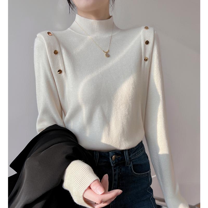 Pull Tricoté Élégant Mode Col Mi-Haut Uni Femmes Automne Décontracté Coupe Slim Manches Longues Pulls Femmes Tops Hiver Chaud Maille de Base 24880