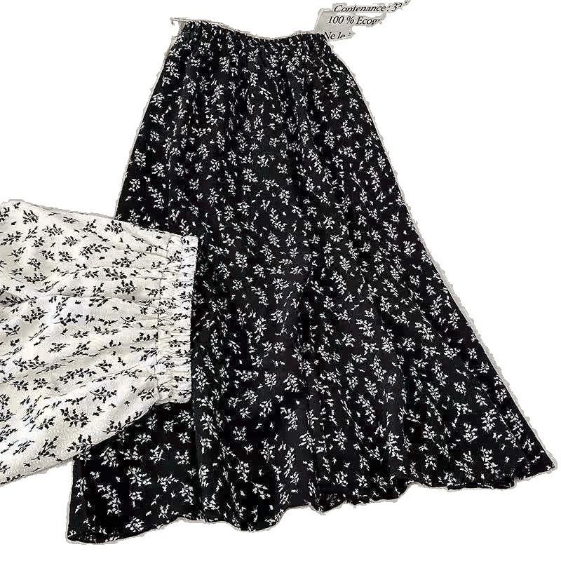 Women's Spring and Summer High-Waisted Vintage Floral A-Line Half Skirt Mid-Length Versatile Slimming Umbrella Skirt Long Skirt