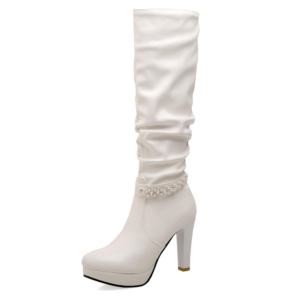 

Women Winter High Boots Sexy High Heels Platform Knee High Boots Ladies Fashion Beaded Zipper White Black High Boots Shoes 43